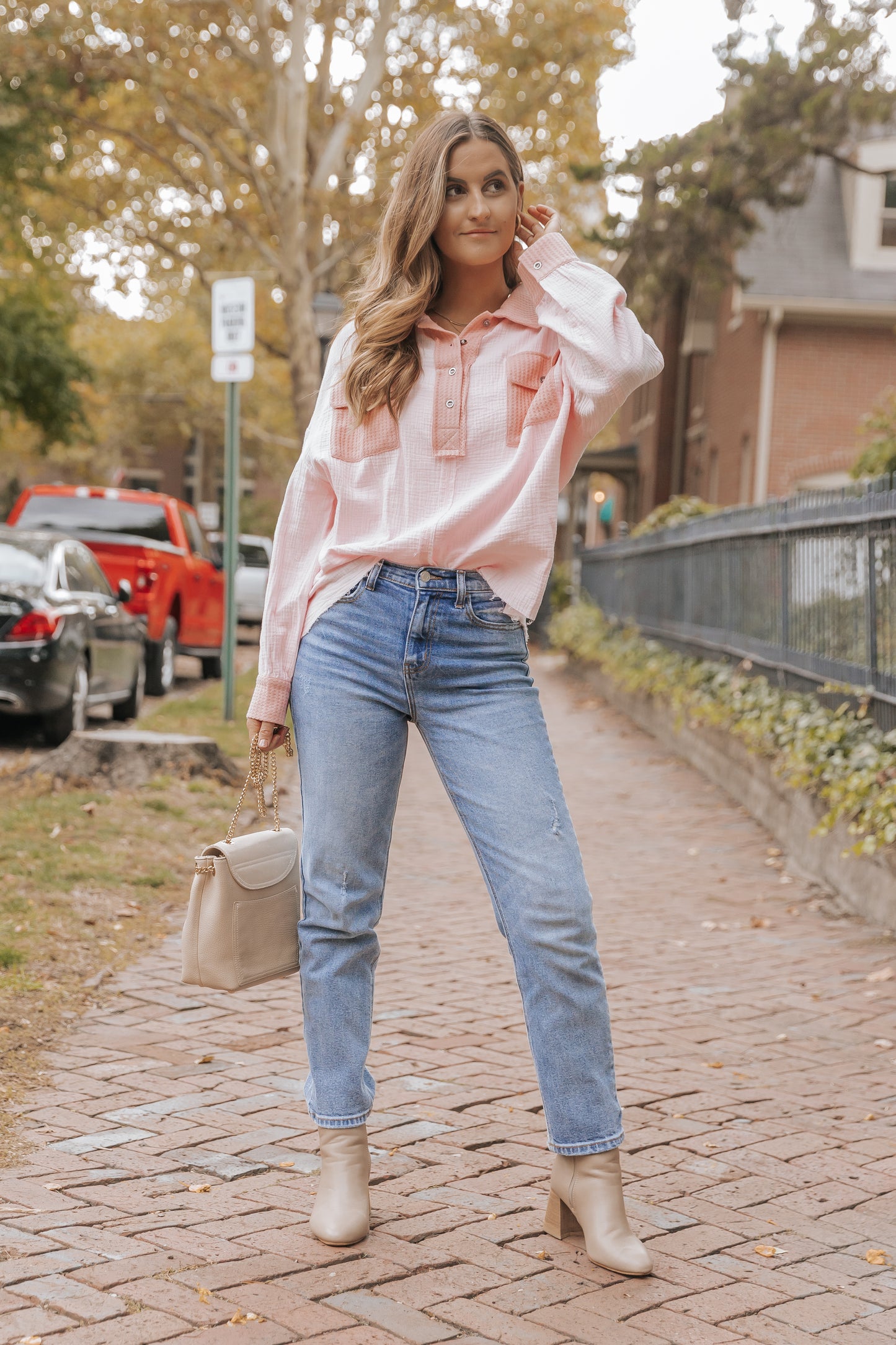 Pink Long Sleeve Flap Pocket Henley Top