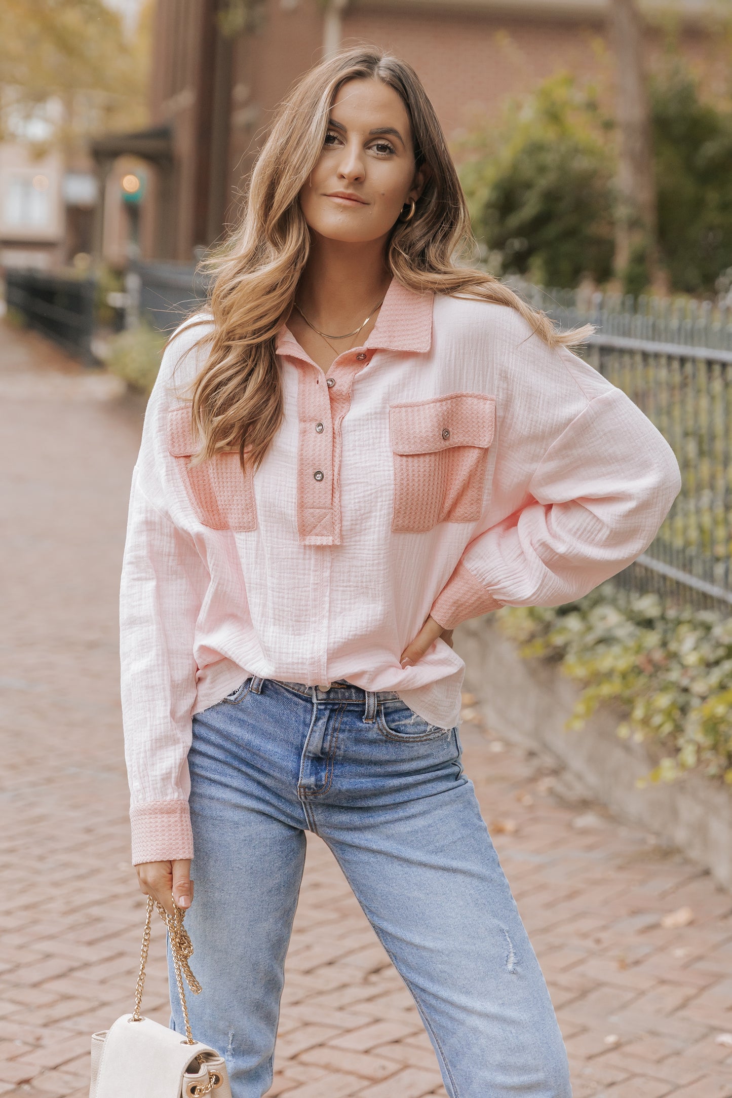 Pink Long Sleeve Flap Pocket Henley Top