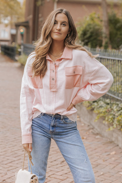 Pink Long Sleeve Flap Pocket Henley Top