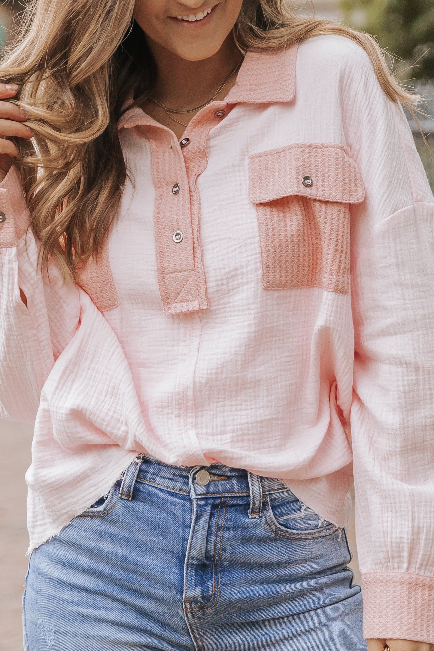 Pink Long Sleeve Flap Pocket Henley Top