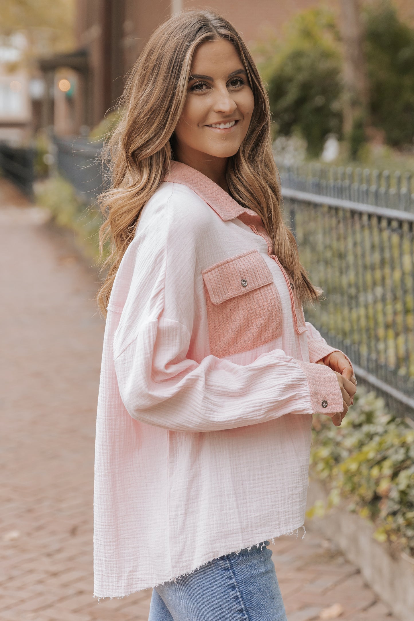 Pink Long Sleeve Flap Pocket Henley Top