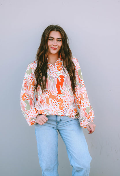 Orange Printed Split V Neck Puff Sleeve Blouse