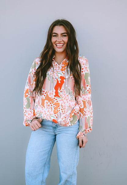 Orange Printed Split V Neck Puff Sleeve Blouse