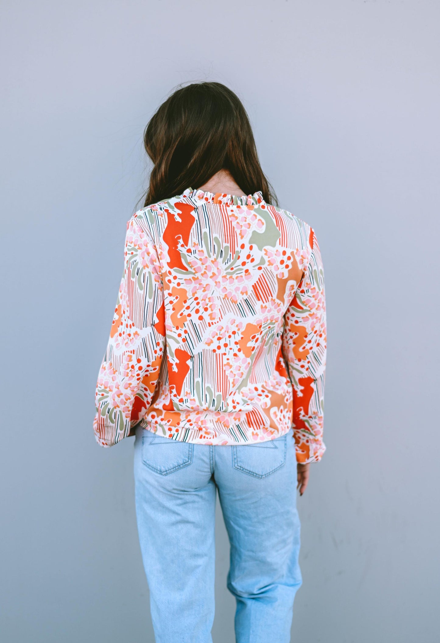 Orange Printed Split V Neck Puff Sleeve Blouse