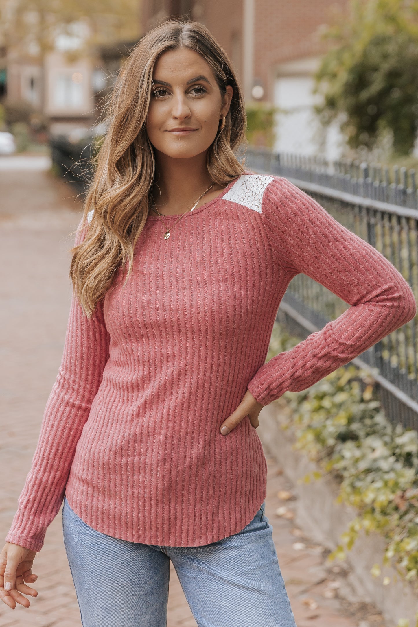 Pink Ribbed Knit Lace Patch Shoulder Casual Sweater