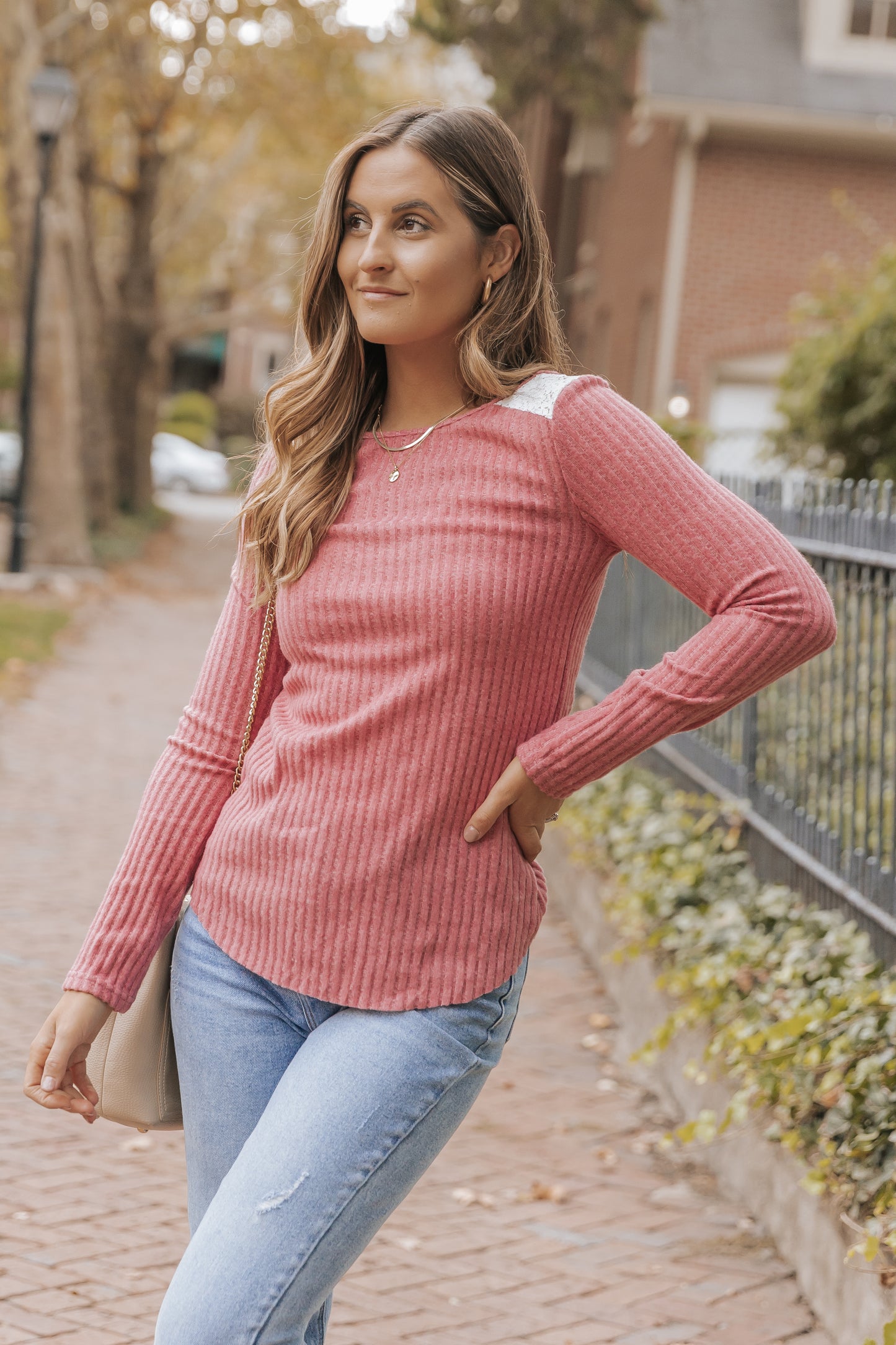 Pink Ribbed Knit Lace Patch Shoulder Casual Sweater