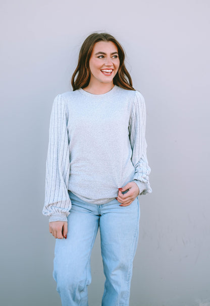 Gray Contrast Ribbed Bishop Sleeve Top