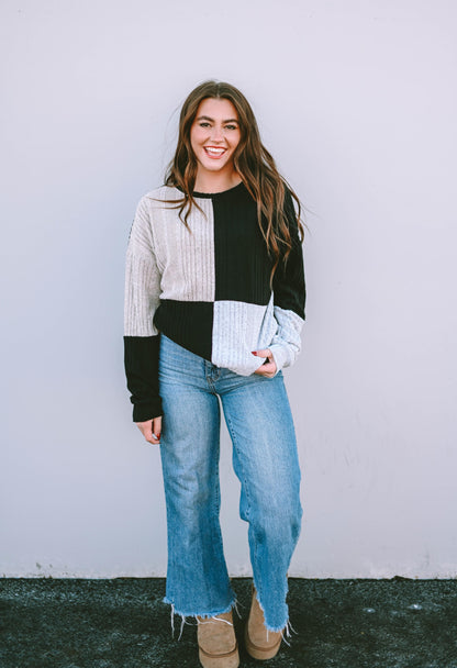 Black Colorblock Textured Knit Top