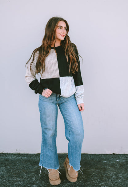 Black Colorblock Textured Knit Top