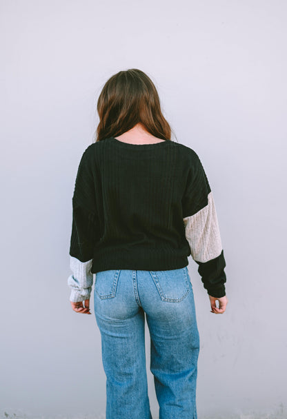 Black Colorblock Textured Knit Top