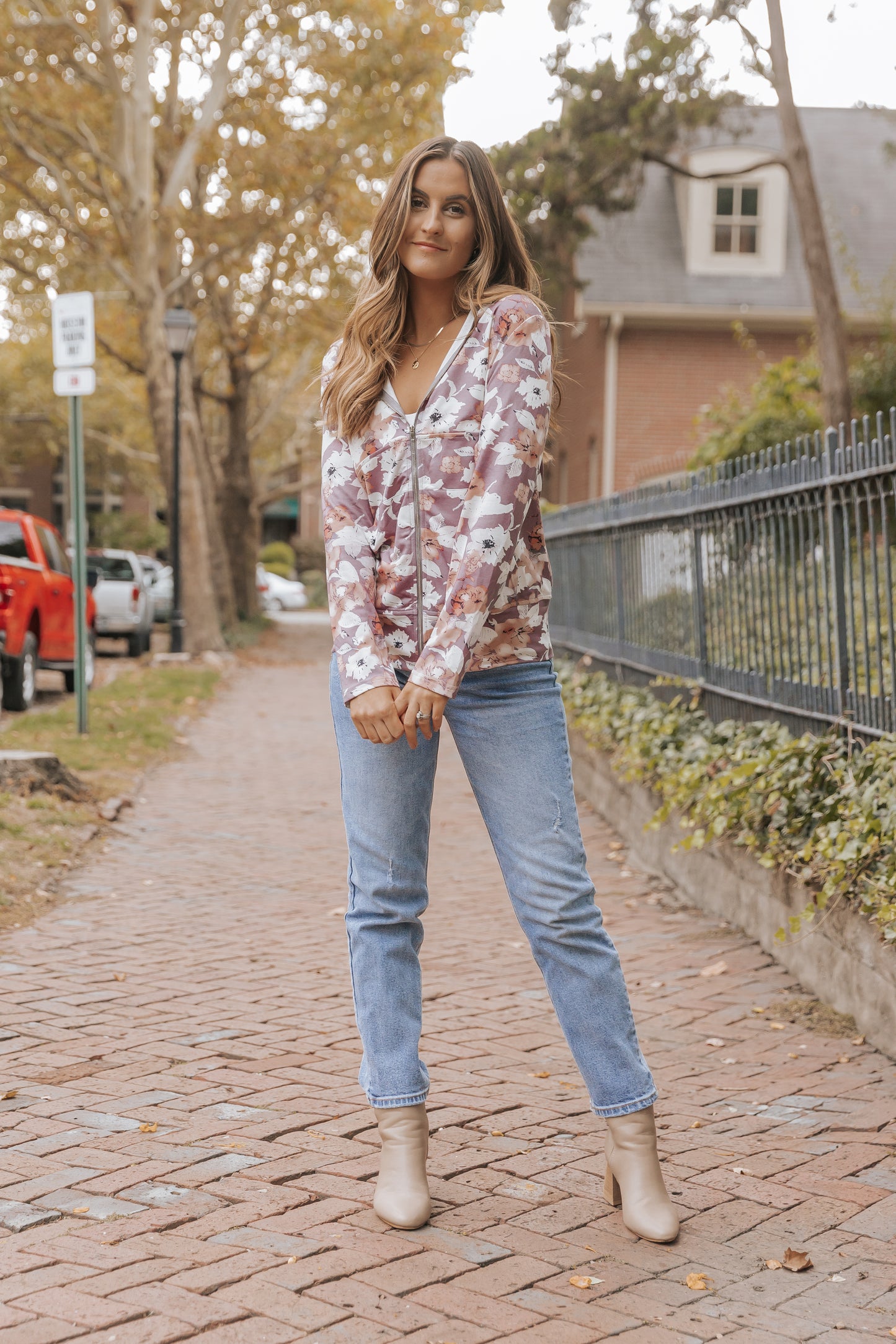 Gray Vintage Floral Print Pocketed Full Zip Hoodie