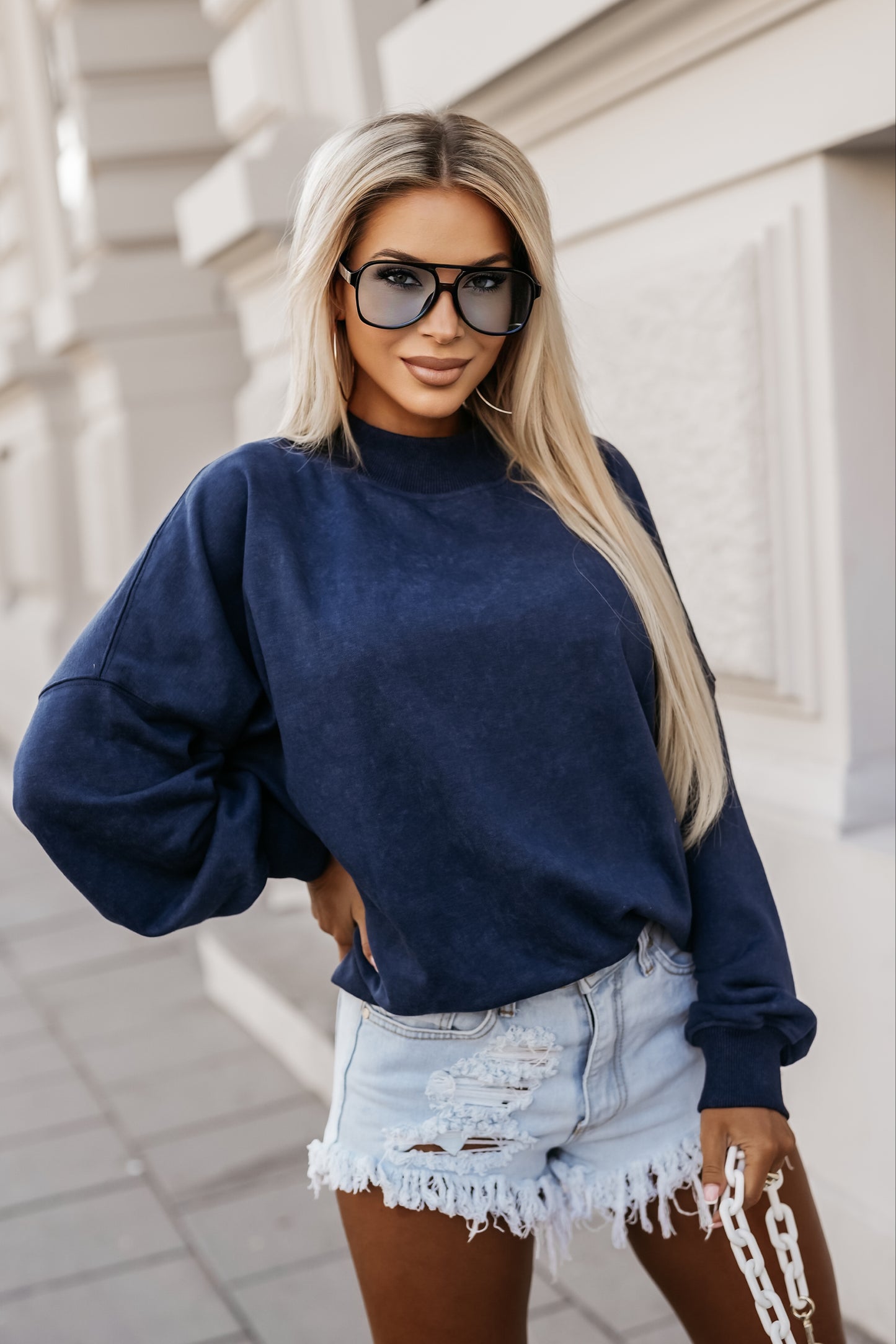 Sky Blue Drop Shoulder Crew Neck Pullover Sweatshirt