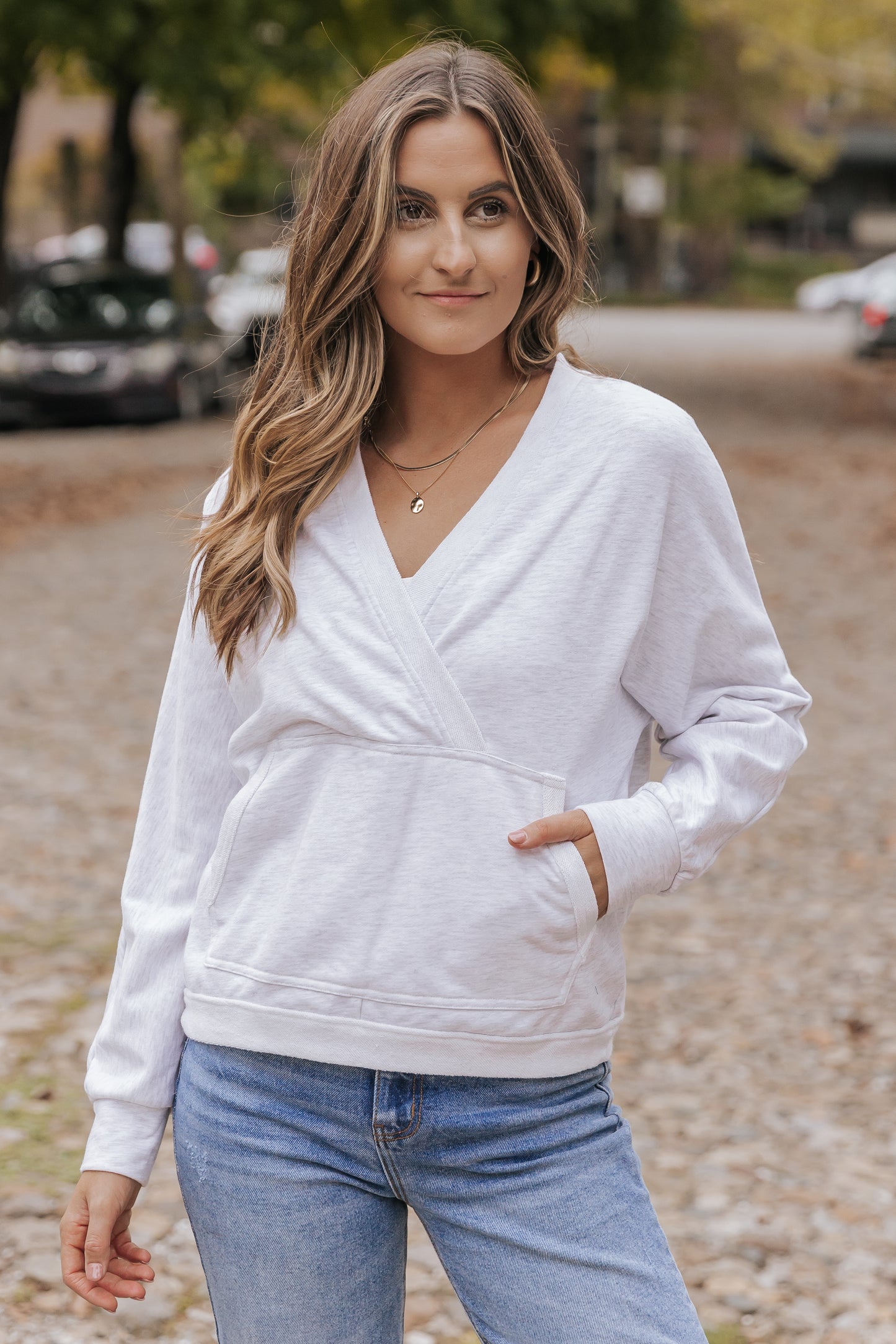 Gray Contrast Trim V Neck Wrap Sweatshirt with Pocket