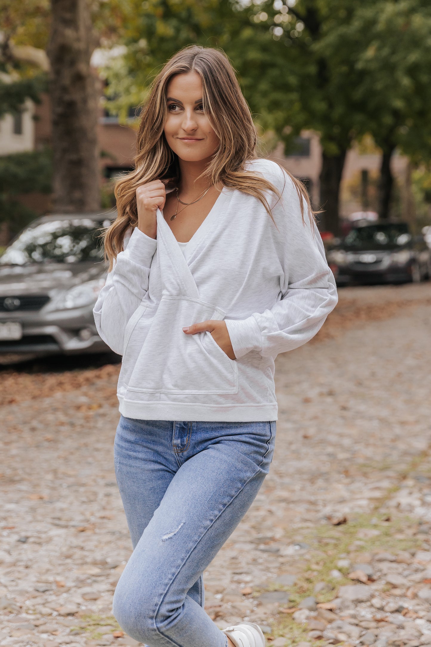 Gray Contrast Trim V Neck Wrap Sweatshirt with Pocket