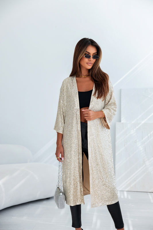 Apricot Sequin 3/4 Sleeve Open Front Duster Kimono