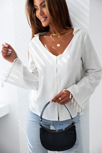 White V Neck Buttoned Tassel Bell Sleeve Shirt