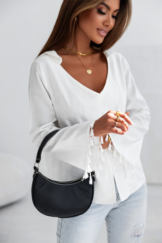 White V Neck Buttoned Tassel Bell Sleeve Shirt