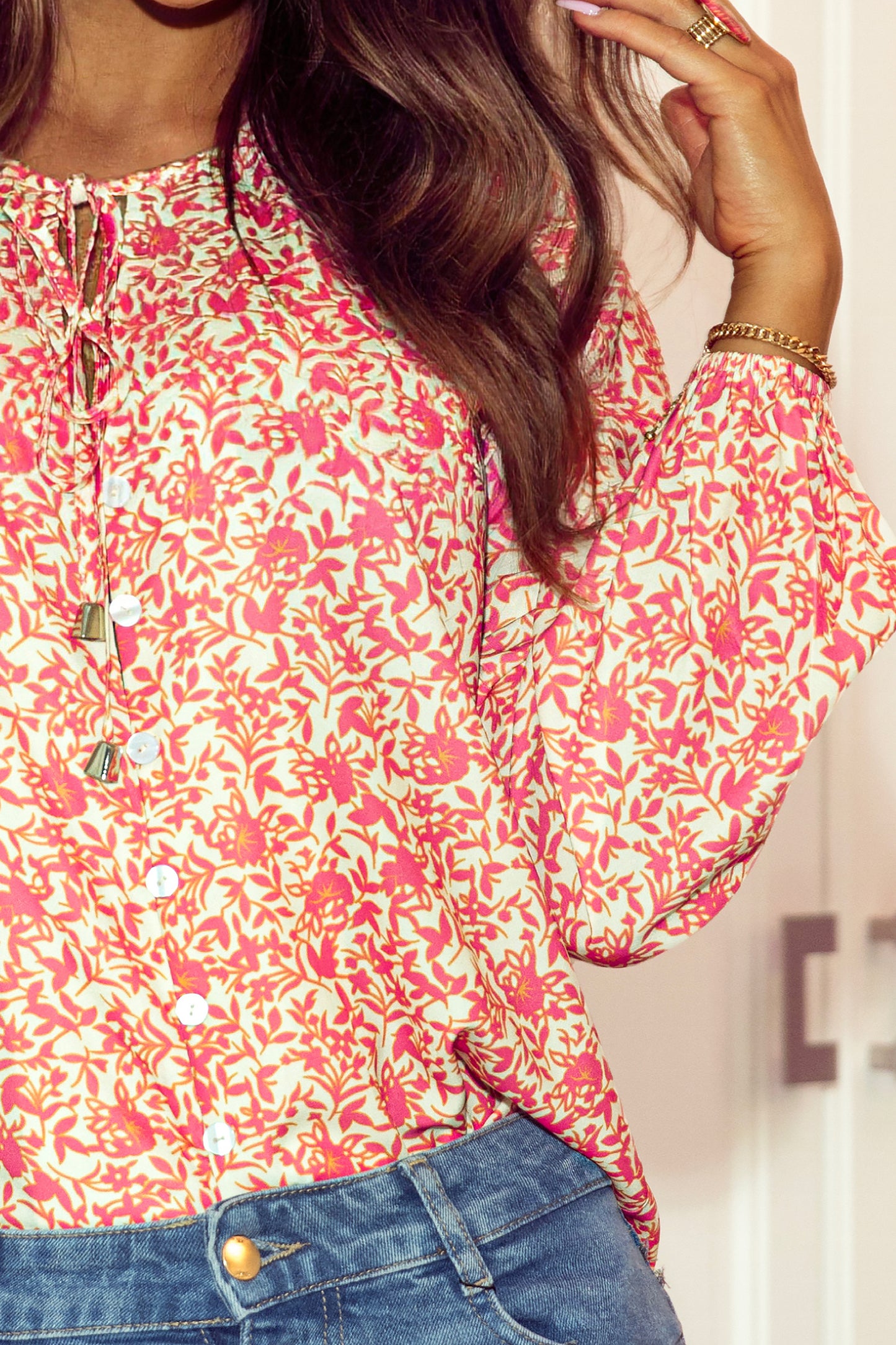 Pink Bubble Sleeve Floral Shirt with Lace up