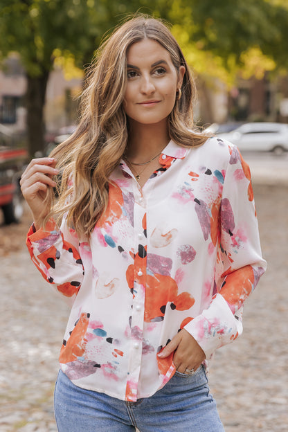 Multicolor Abstract Print Long Sleeve Button-Down Shirt