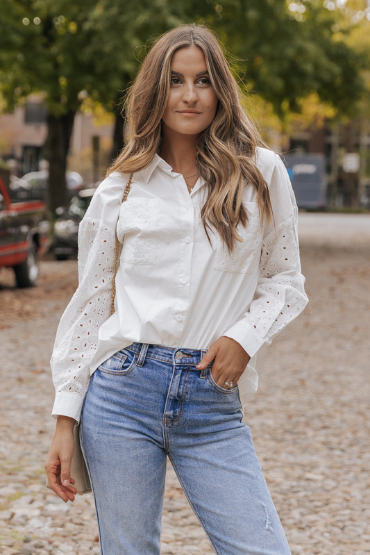 White Lace Patch Chest Pocket Button-Up Shirt