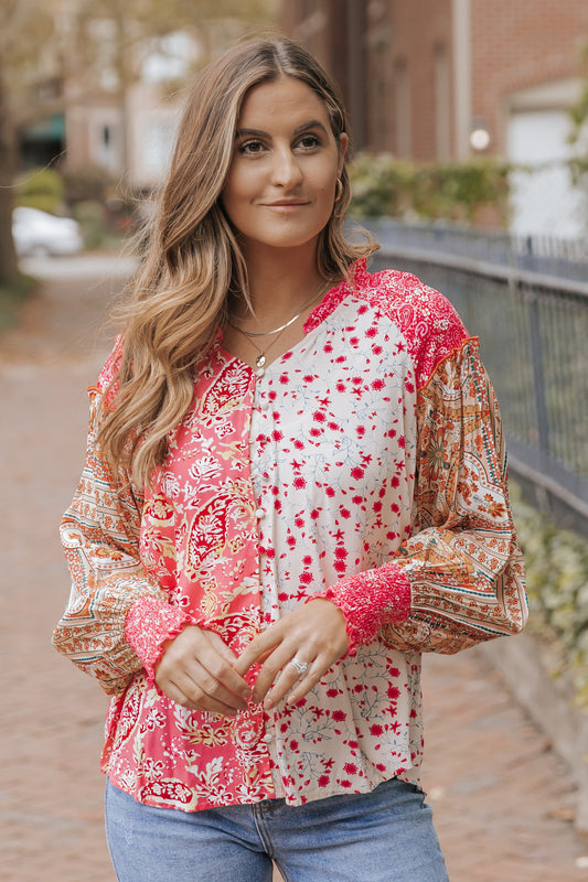 Pink Mixed Floral Printed Puff Sleeve V-Neck Shirt