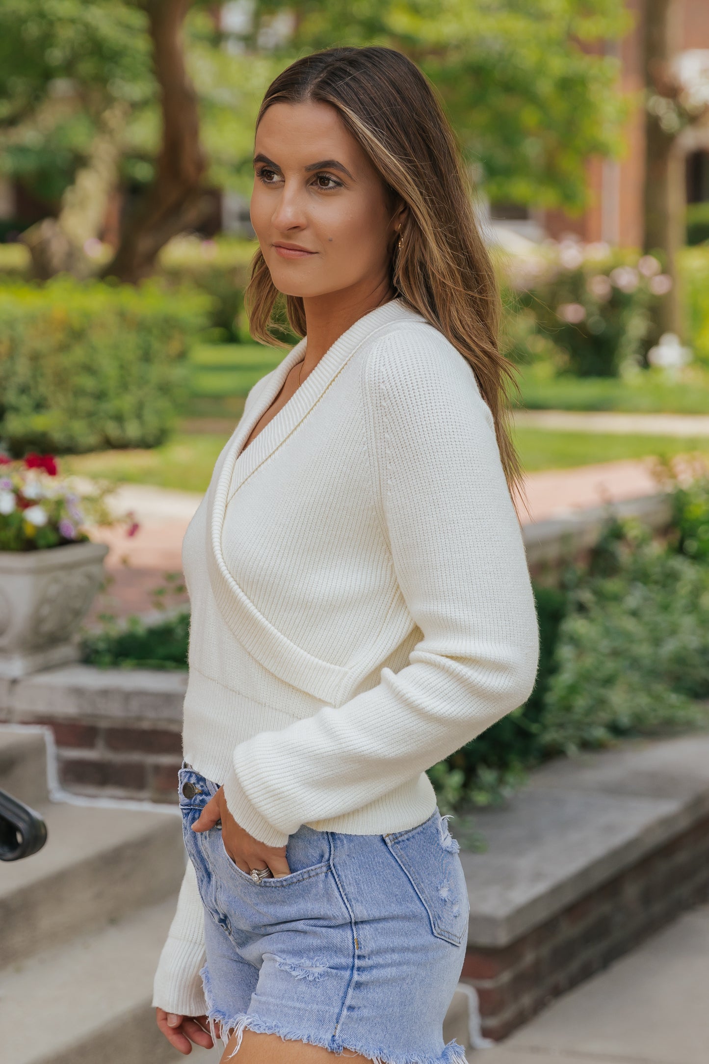 Beige Ribbed Long Sleeve Surplice Crop Sweater