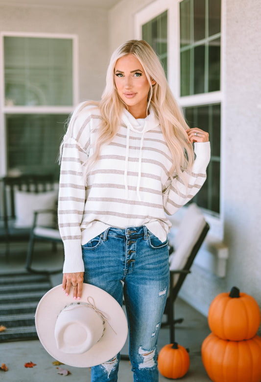 Cowl Neck Striped Print Drop Shoulder Sweater