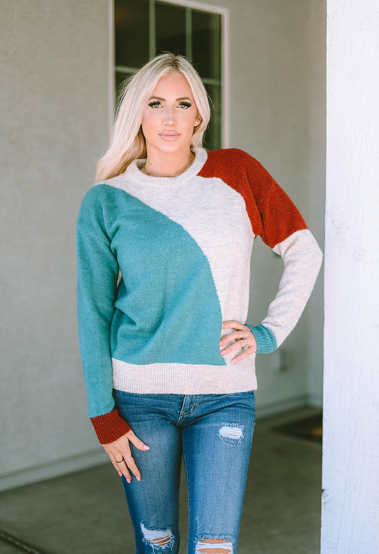 Multicolor Colorblock Ribbed Trim Round Neck Sweater