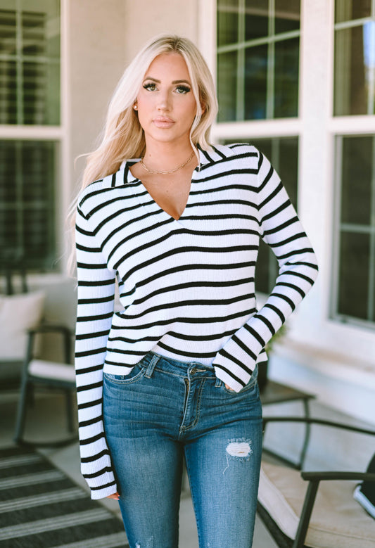 Stripe Collared V Neck Lightweight Knit Casual Sweater