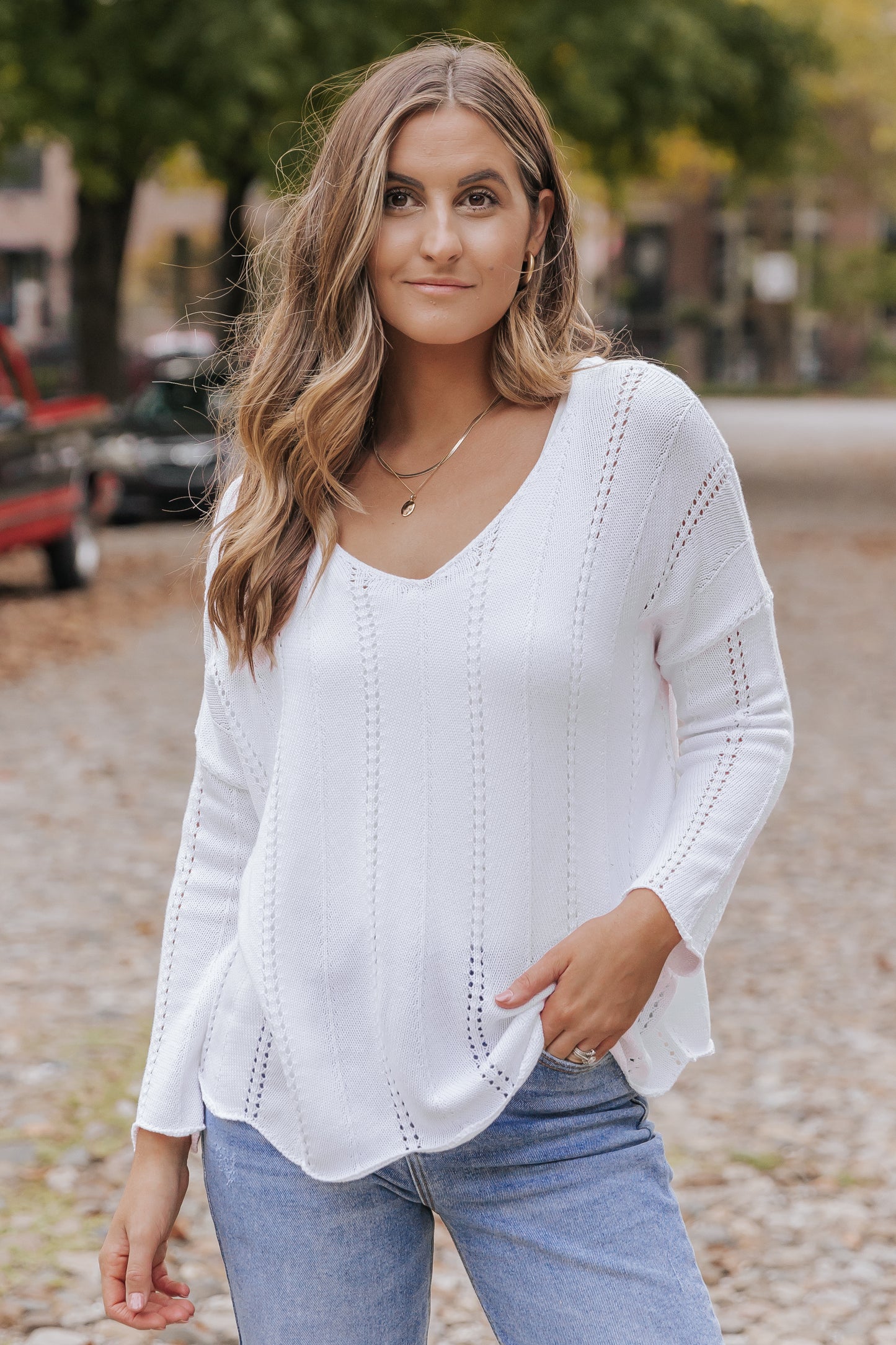 White Hollowed Detail Knitted Loose V Neck Sweater