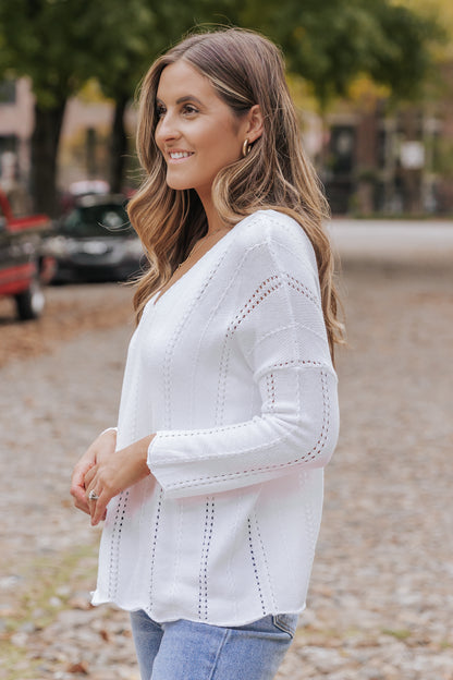 White Hollowed Detail Knitted Loose V Neck Sweater