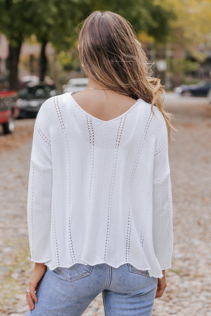 White Hollowed Detail Knitted Loose V Neck Sweater