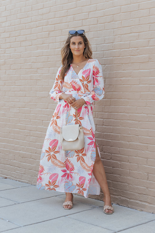 Tropical Plant Print Long Sleeve Wrap V-Neck Slit Maxi Dress