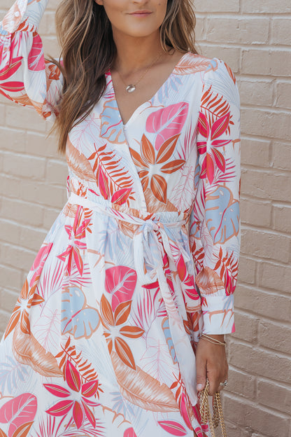 Tropical Plant Print Long Sleeve Wrap V-Neck Slit Maxi Dress