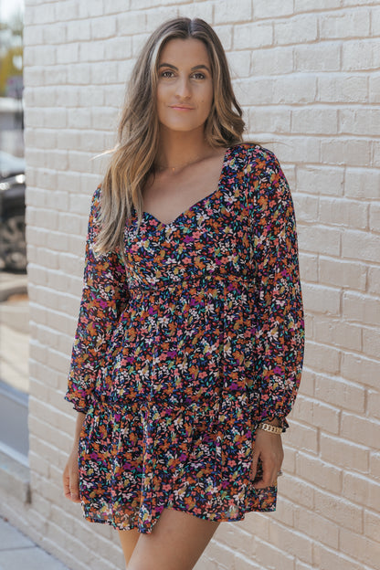 Wrapped V Neckline Long Sleeve Floral Dress