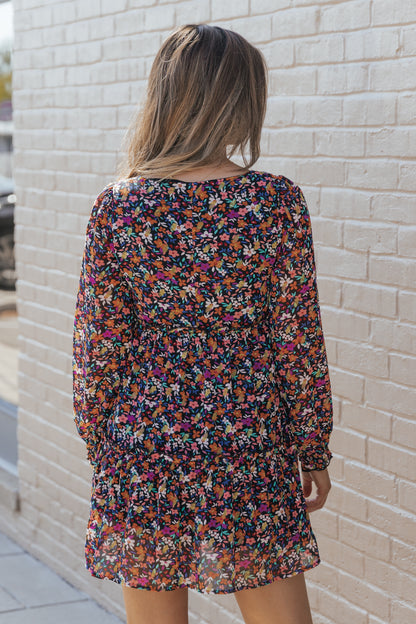 Wrapped V Neckline Long Sleeve Floral Dress