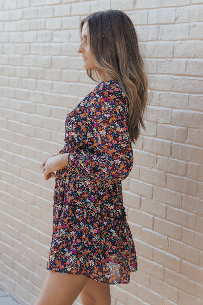 Wrapped V Neckline Long Sleeve Floral Dress