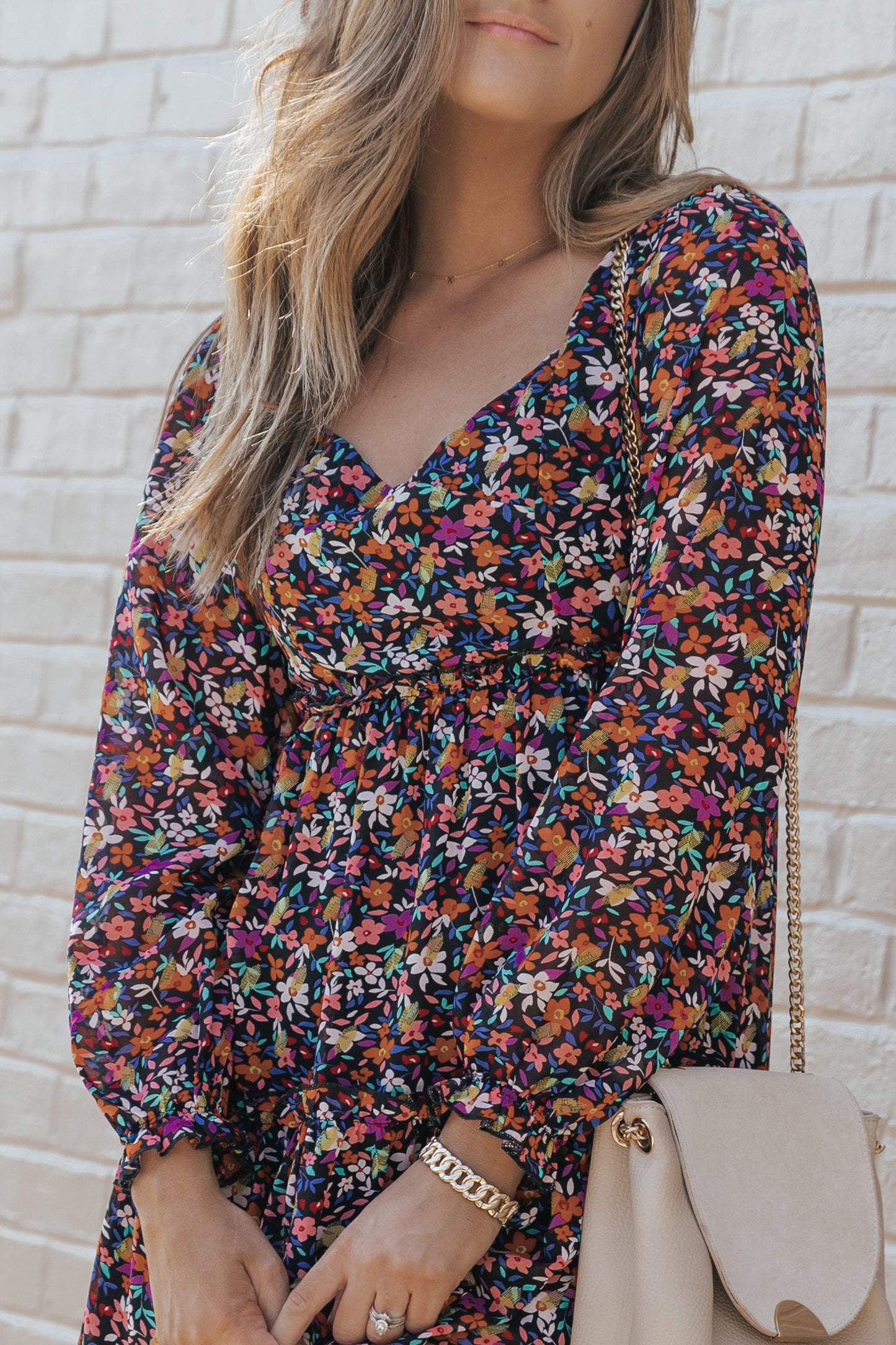 Wrapped V Neckline Long Sleeve Floral Dress