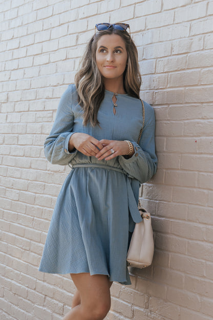 Pickle Green Button Neck Puff Sleeve Belted Pleated Mini Dress