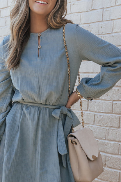 Pickle Green Button Neck Puff Sleeve Belted Pleated Mini Dress