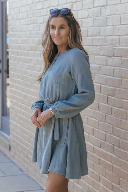 Pickle Green Button Neck Puff Sleeve Belted Pleated Mini Dress