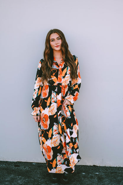 Orange Floral Print Tie Neck Long Sleeve Dress