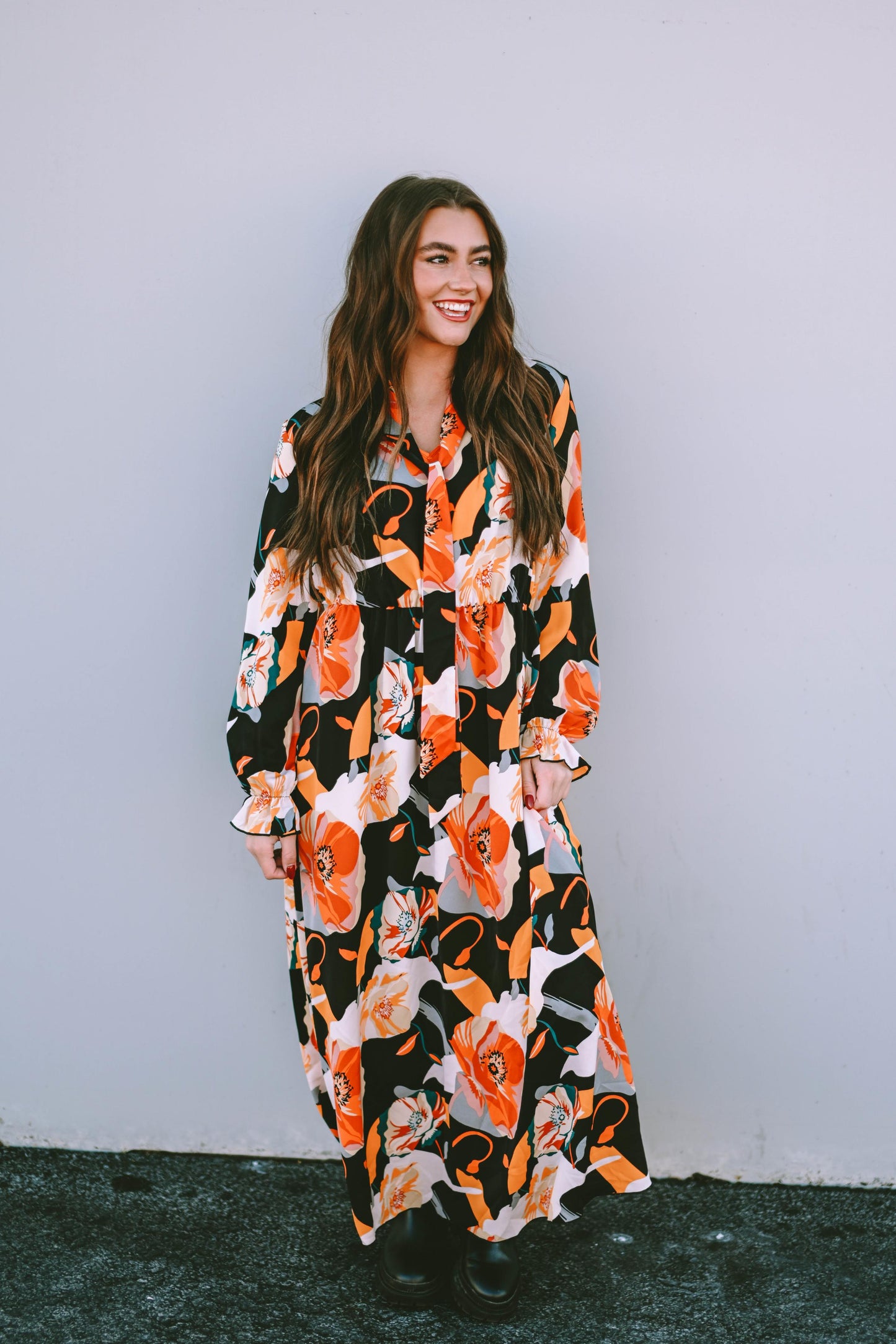 Orange Floral Print Tie Neck Long Sleeve Dress