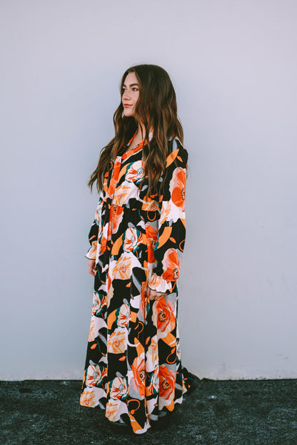 Orange Floral Print Tie Neck Long Sleeve Dress