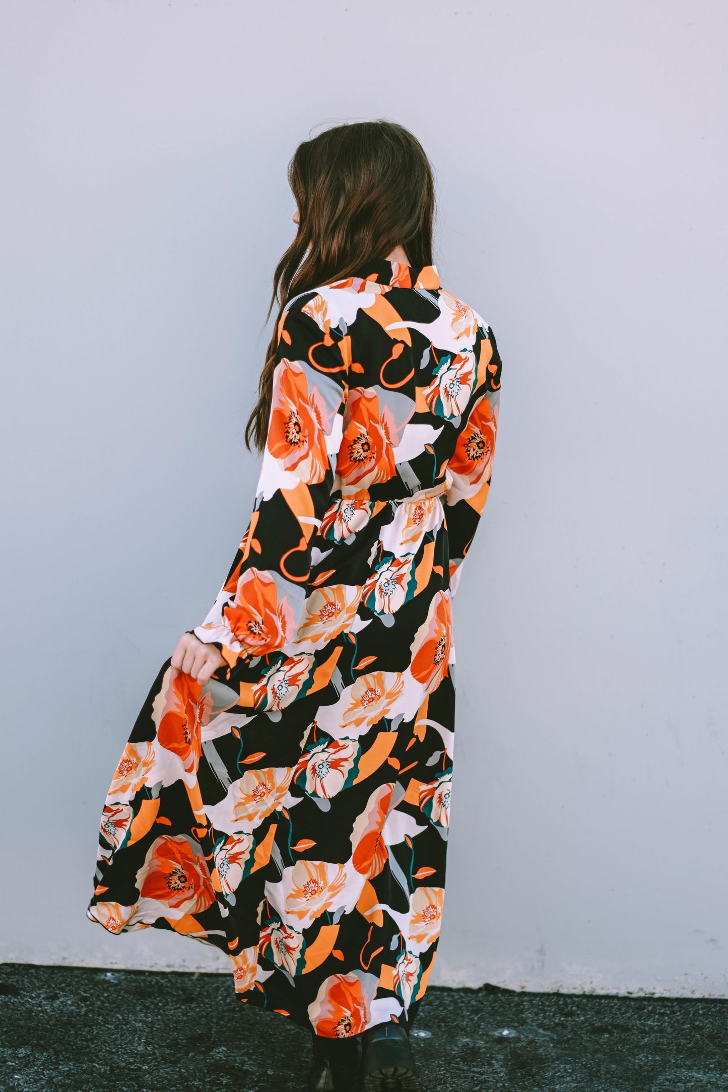 Orange Floral Print Tie Neck Long Sleeve Dress