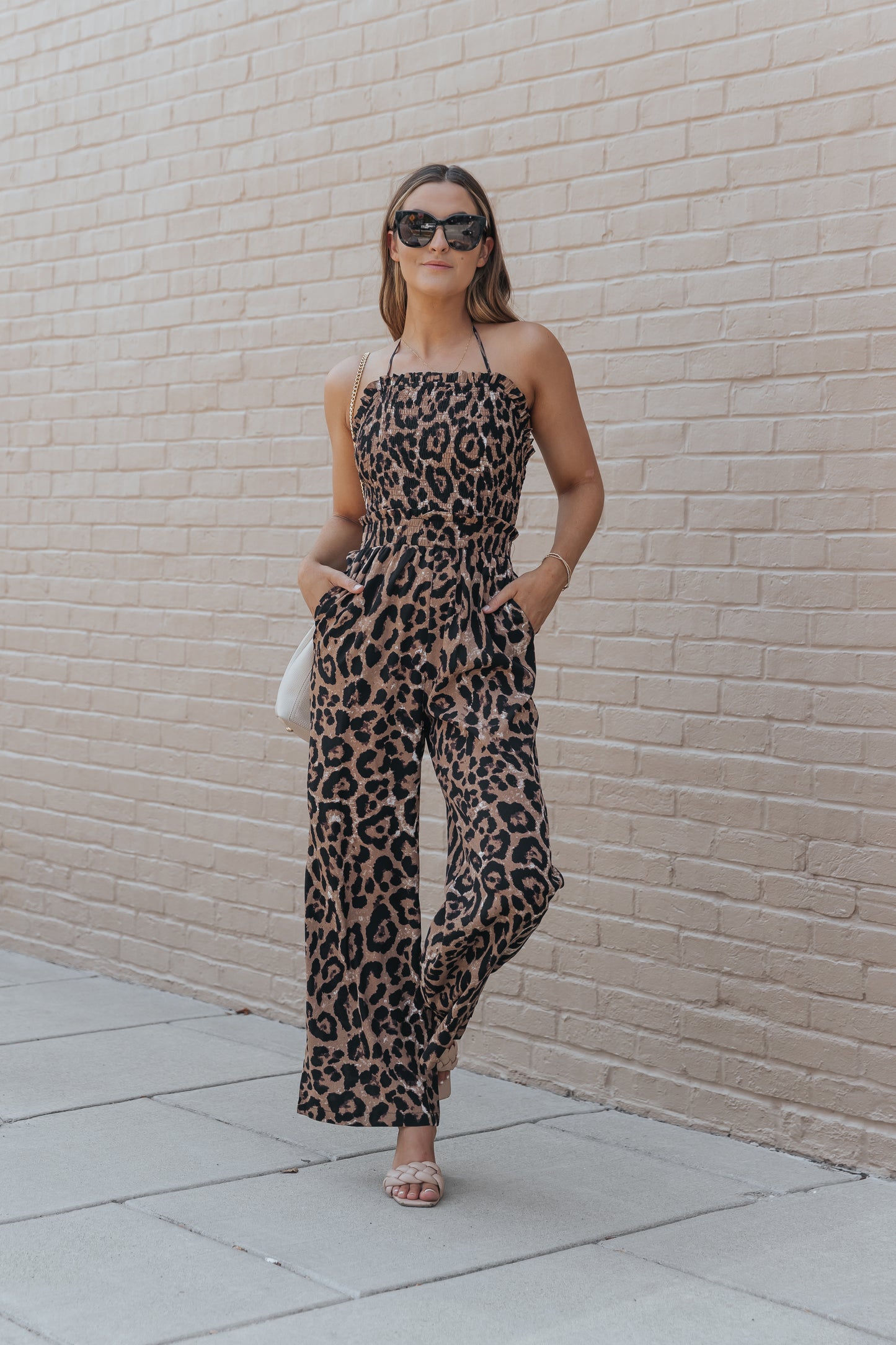 Leopard Print Halter Neck Backless Wide Leg Jumpsuit