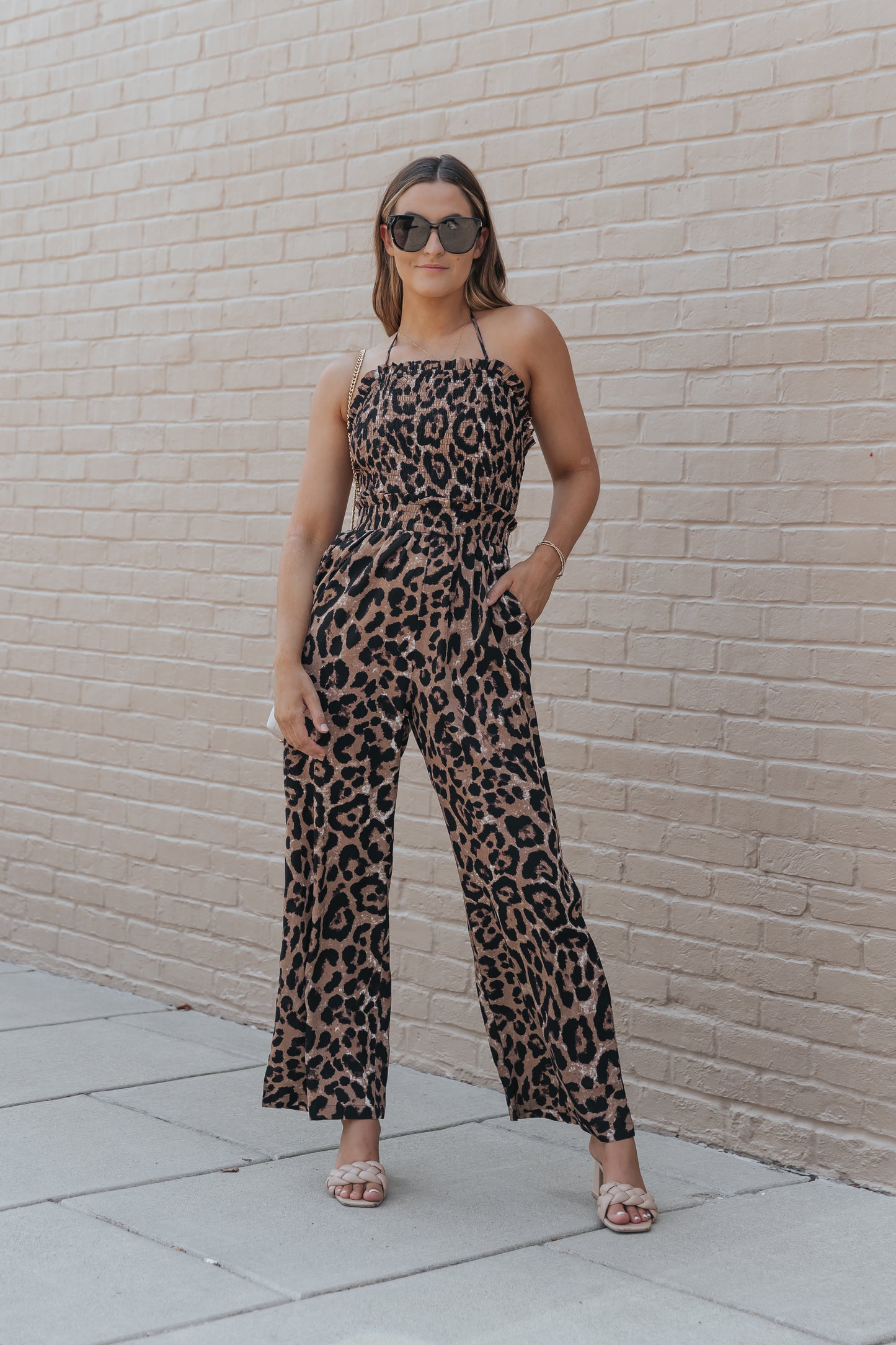 Leopard Print Halter Neck Backless Wide Leg Jumpsuit