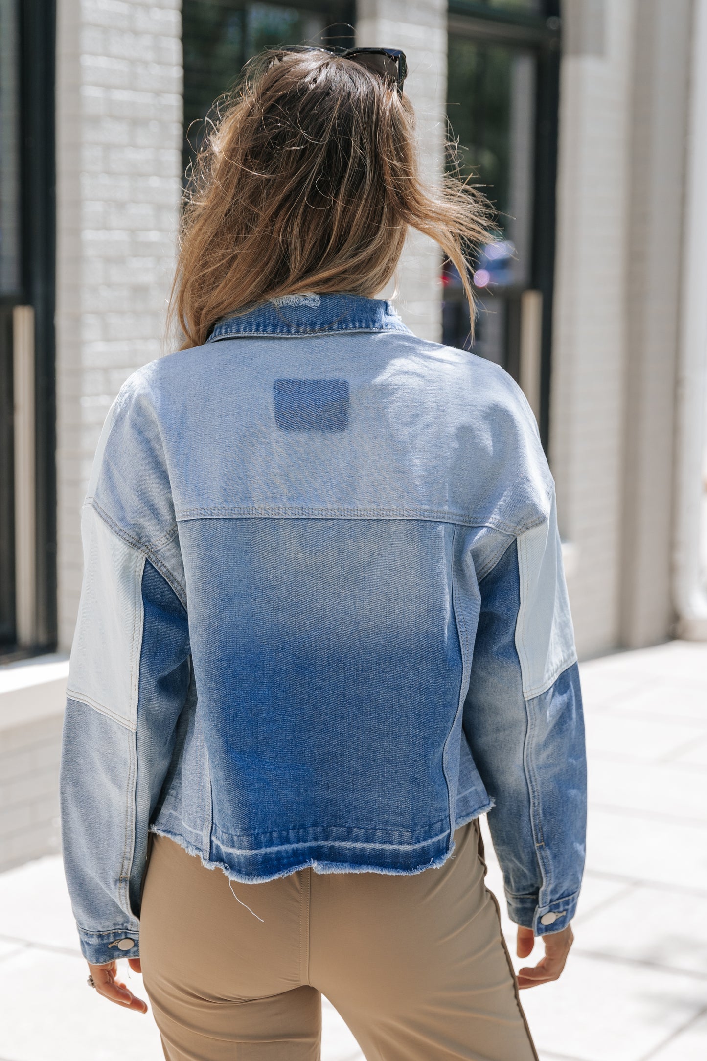 Sky Blue Color Block Denim Patchwork Frayed Hem Jacket