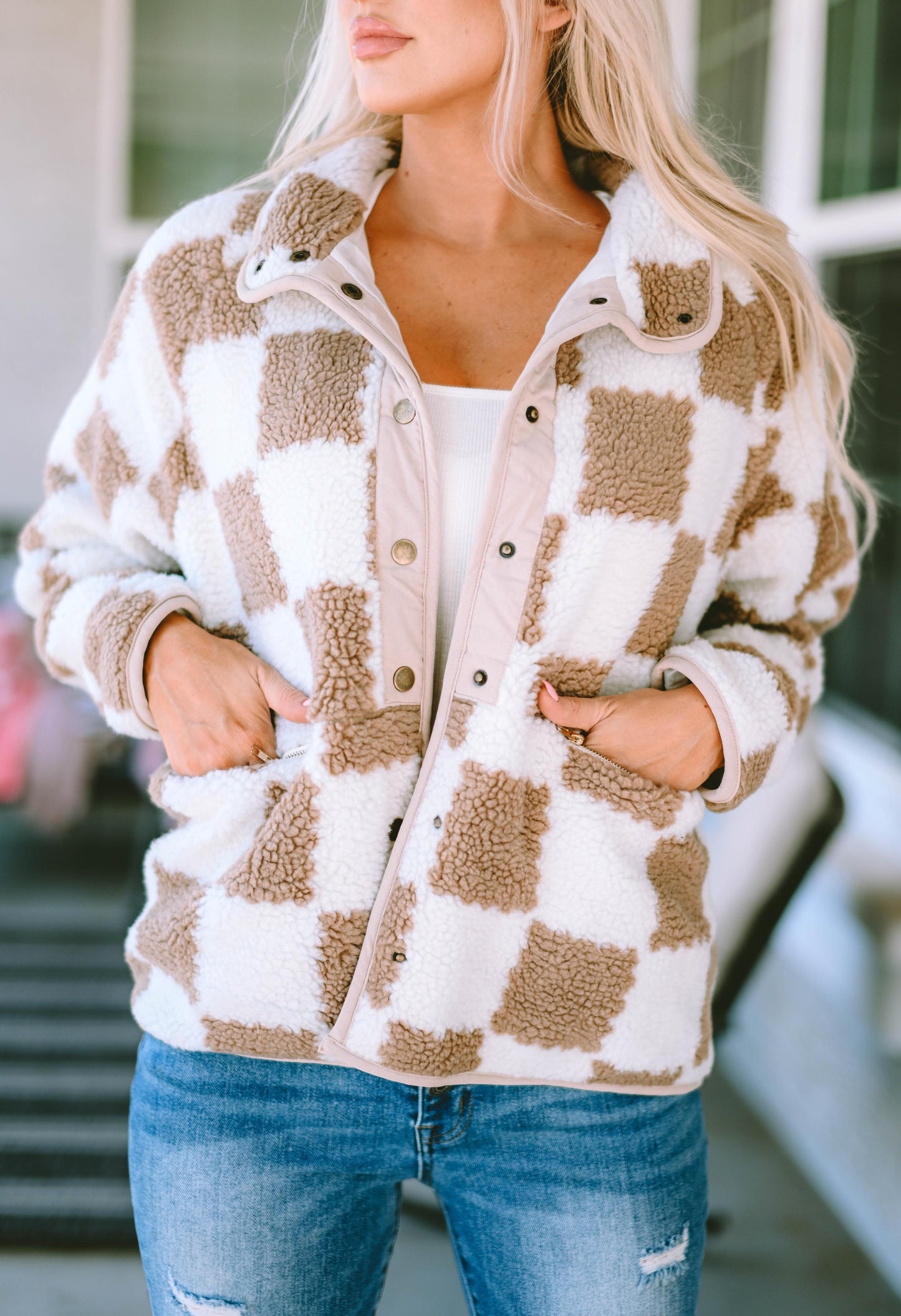 Brown Checked Snap Button Sherpa Jacket