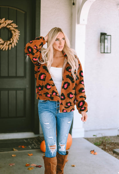 Leopard Zip Up Stand Collar Sherpa Teddy Jacket